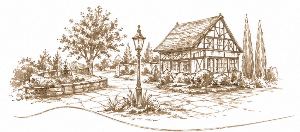 Geschichte Außenanlage, llustration altes Haus, Natur, beige