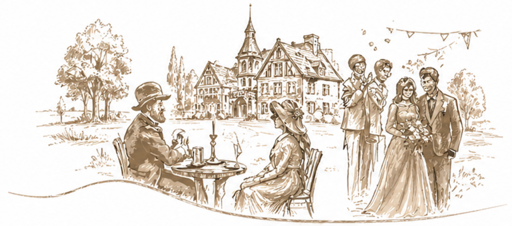 Geschichte-Feierlichkeiten und Veranstaltungen Illustration Brautpaar, weitere Menschen, beige