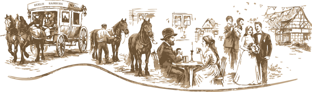 Geschichte Illustration Feste feiern, Pferde, Hochzeiten, Anlage des Alten Dorfkrug Staffeldes